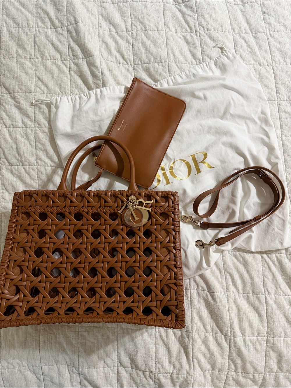 Dior Tan Woven Leather Tote with Gold Logo Charm